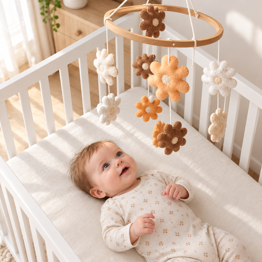Bébé regardant le mobile Fleurs artisanal depuis le lit, vue en plongée
