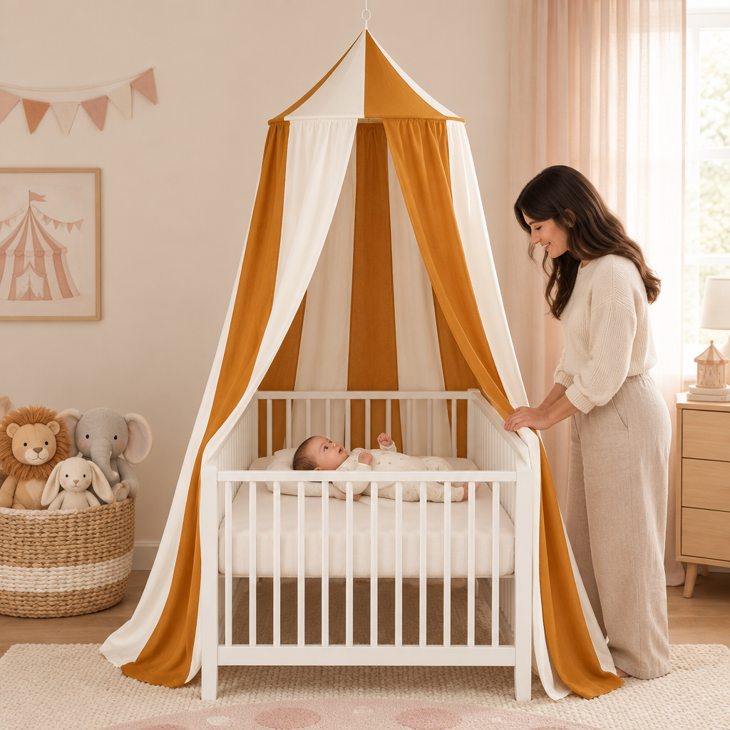 Bébé sous le ciel de lit Caramel Circus caramel et ivoire dans une chambre rose poudré