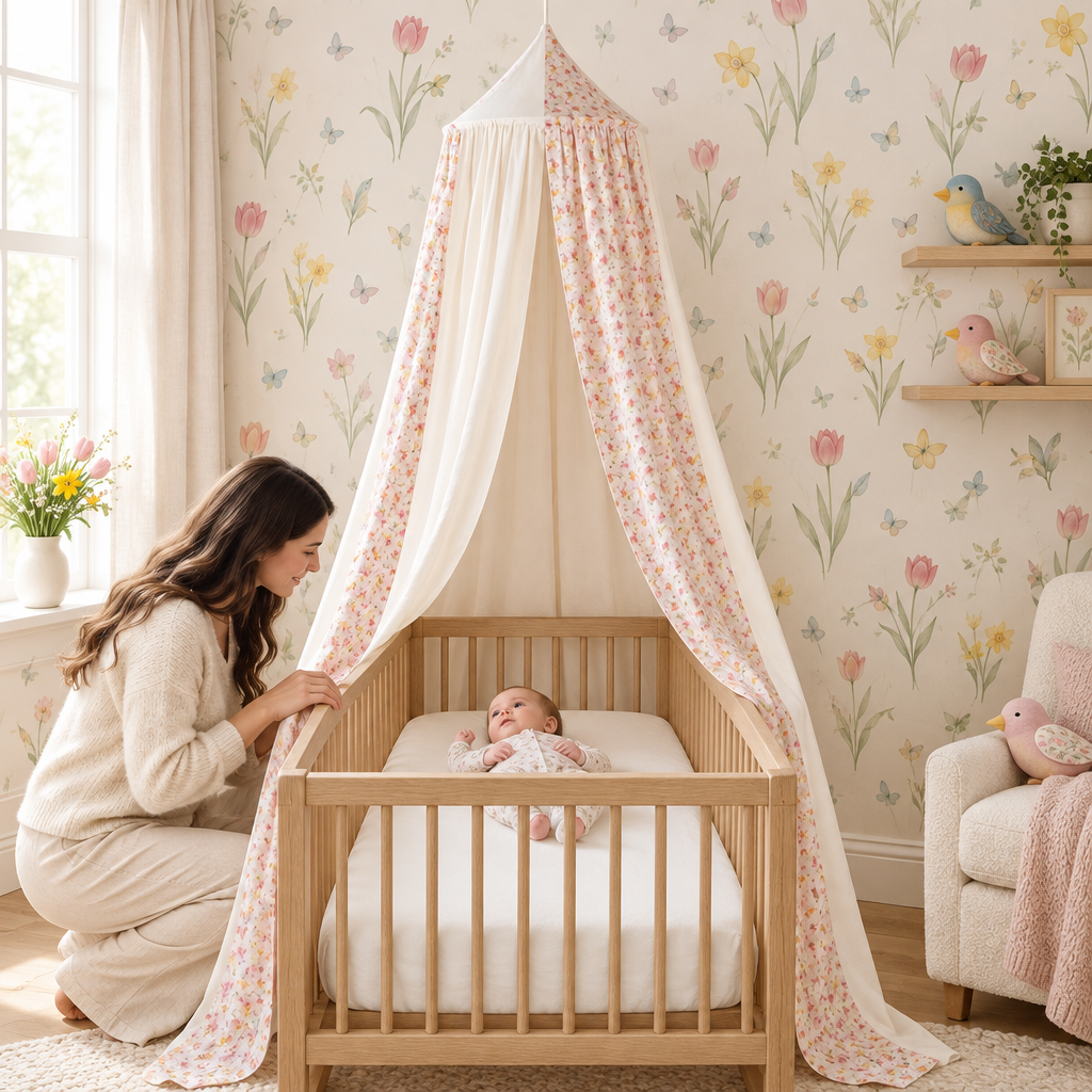 Bébé sous un ciel de lit Jardin printanier avec décor de tulipes et papillons
