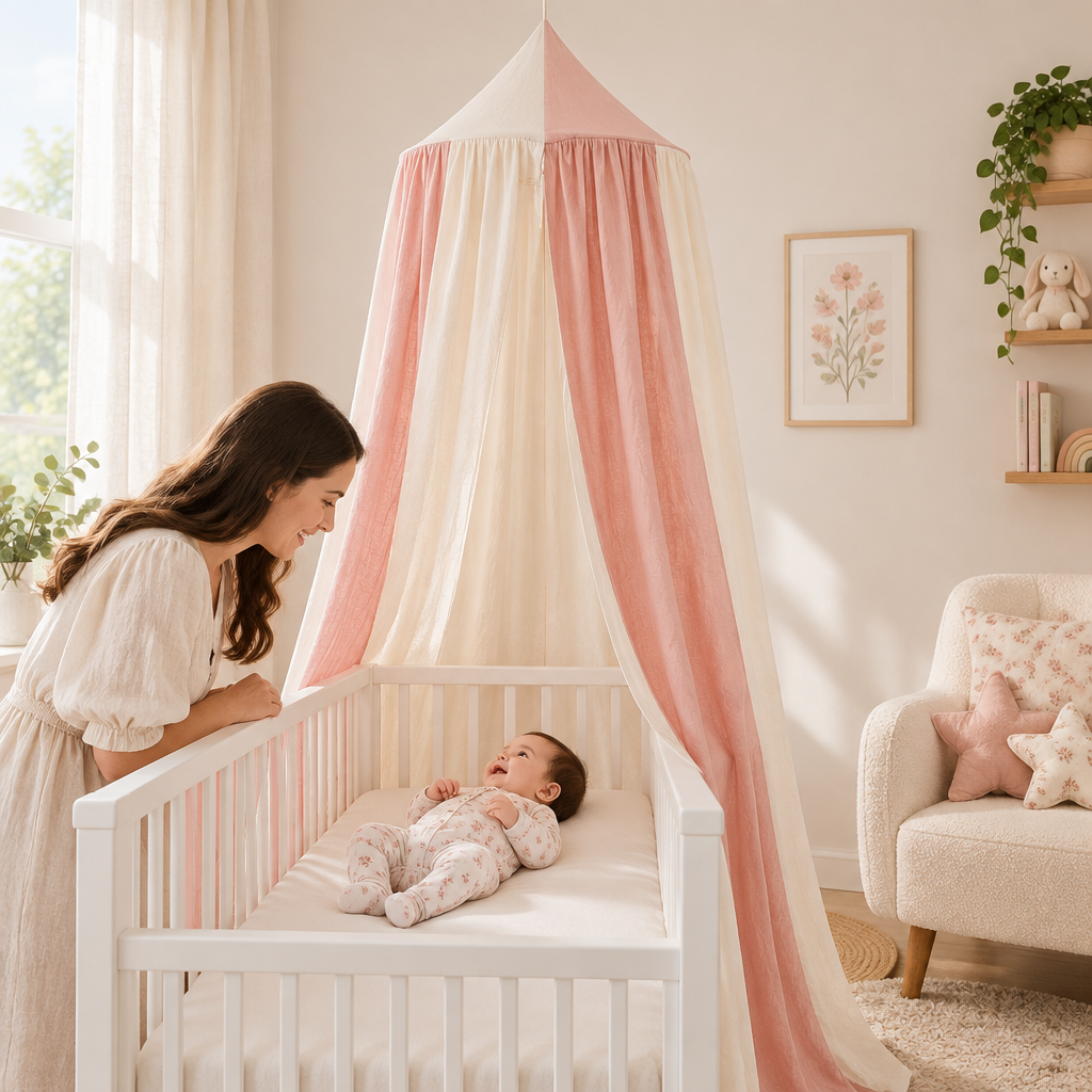 Bébé sous le ciel de lit rose poudré et ivoire dans une chambre fleurie