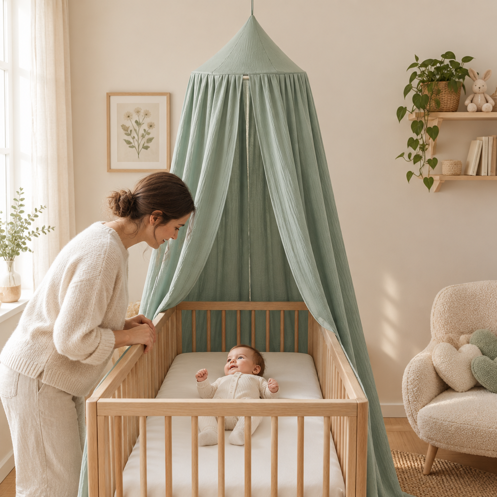 Bébé sous un ciel de lit vert menthe dans une chambre botanique