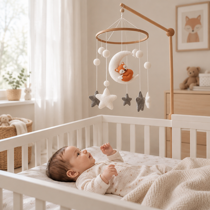 Bébé éveillé regardant le mobile bébé artisanal Renard au-dessus du berceau