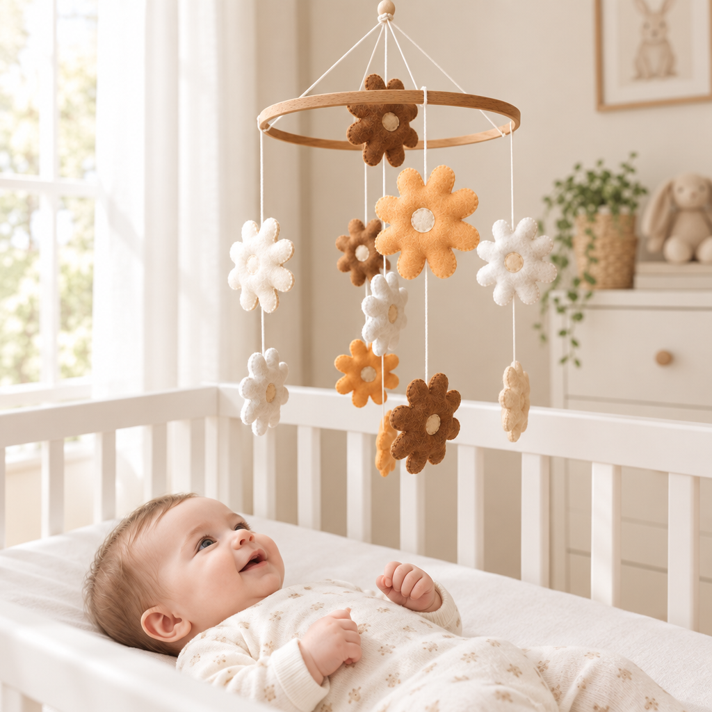 Bébé éveillé observant le mobile Fleurs suspendu au-dessus du lit