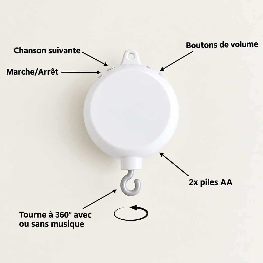 Boîtier musical blanc pour mobile bébé – fonctions et commandes en français