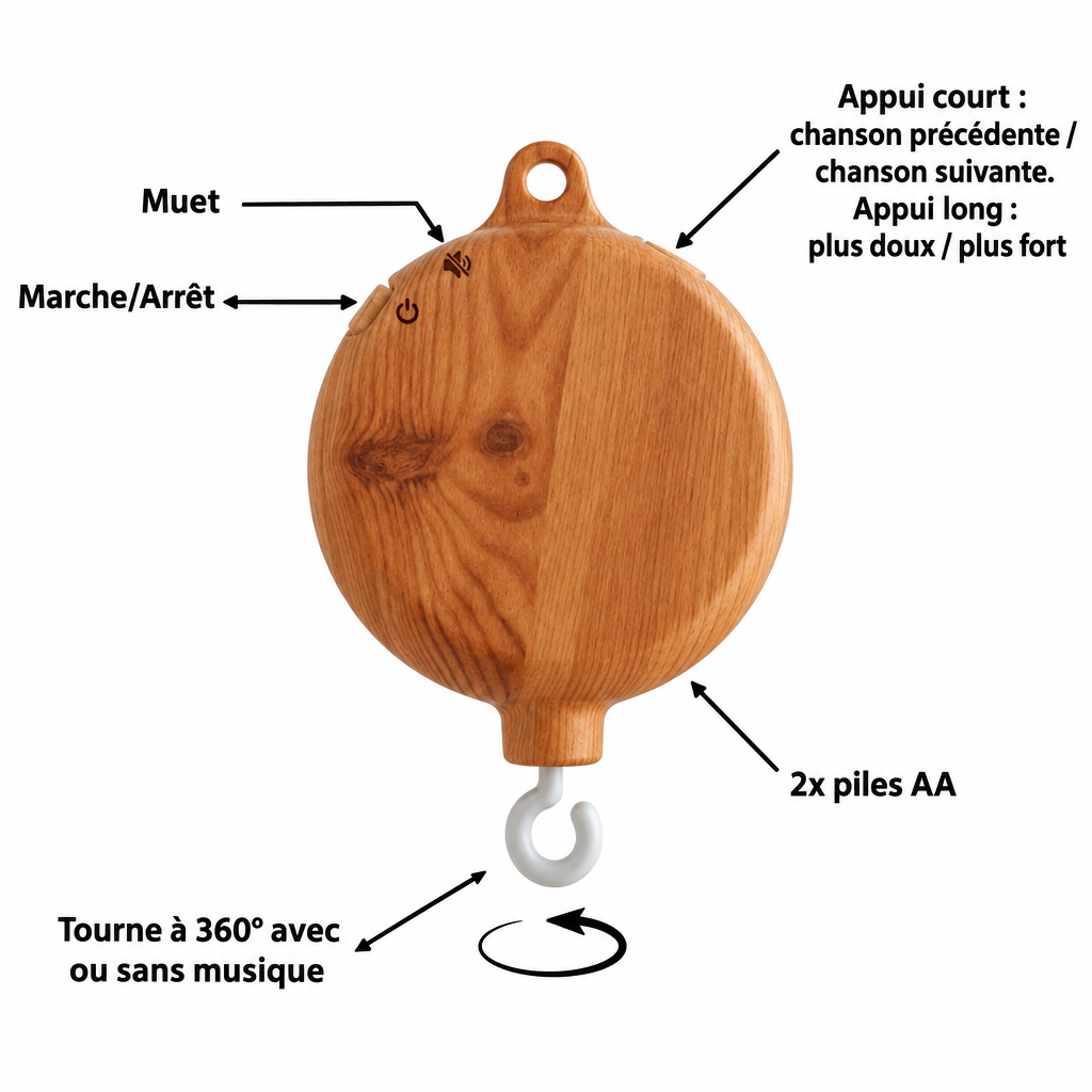 Boîtier musical en bois pour mobile bébé – fonctions et caractéristiques en français