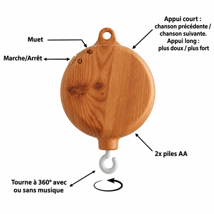 Boîtier musical en bois pour mobile bébé – fonctions et caractéristiques en français