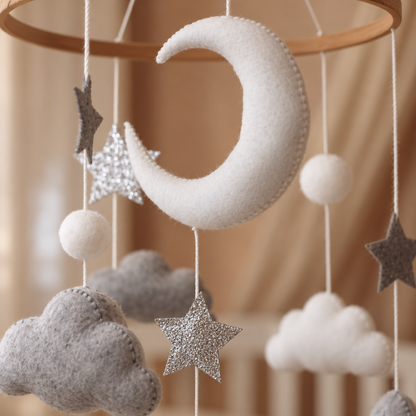 Vue complète du mobile bébé Lune & Étoiles avec anneau en bois naturel