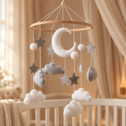 Mobile bébé artisanal Lune & Étoiles dans une chambre douce aux tons naturels