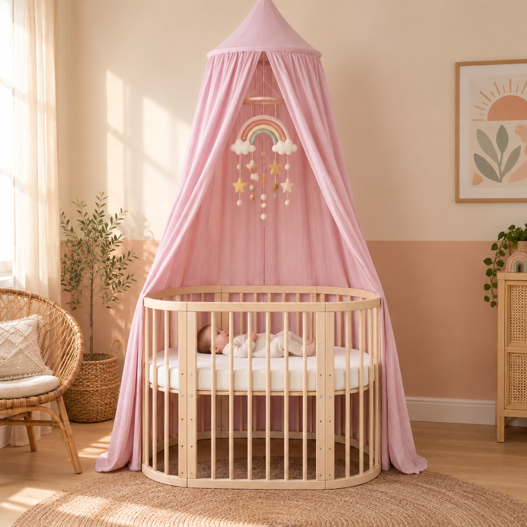 Bébé dans une chambre aux tons pêche avec ciel de lit rose tendre