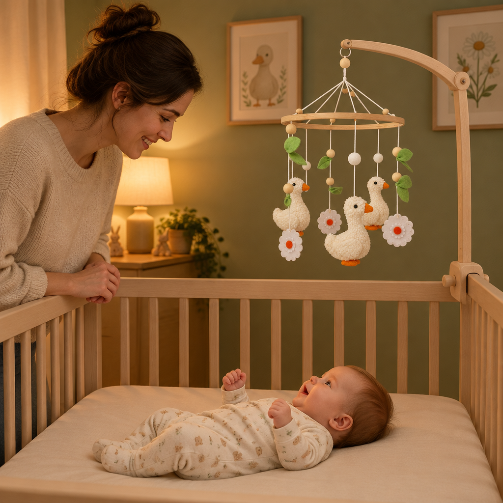 Mobile bébé artisanal avec canetons et fleurs dans une chambre aux tons verts