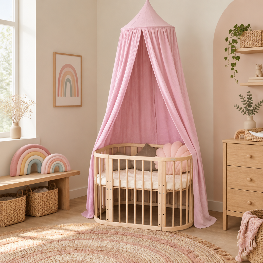 Chambre bébé naturelle avec ciel de lit rose tendre et arcs-en-ciel pastel