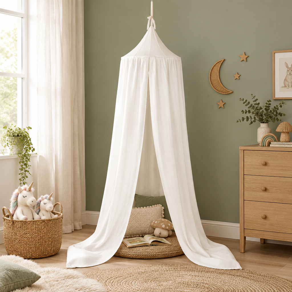 Ciel de lit bébé crème avec licornes dans une chambre vert sauge
