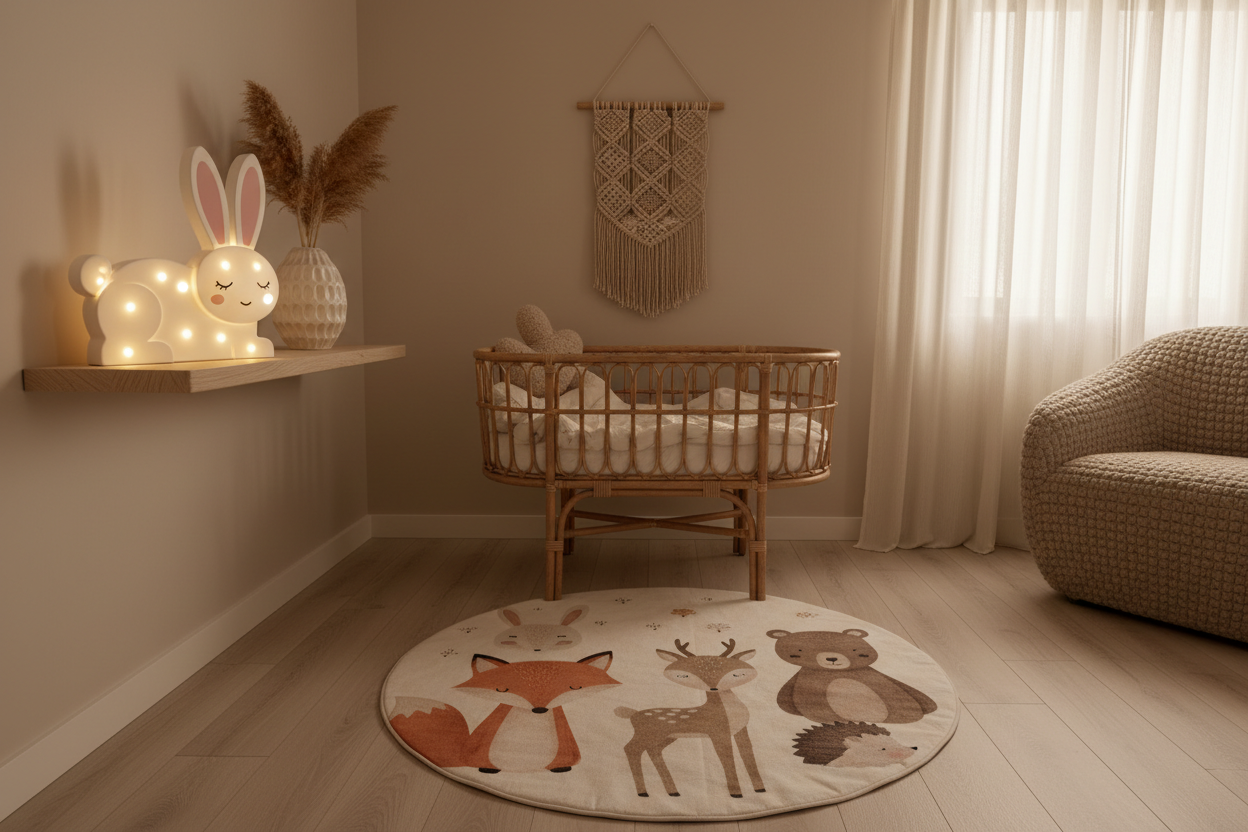 Chambre bébé scandinave beige veilleuse lapin LED