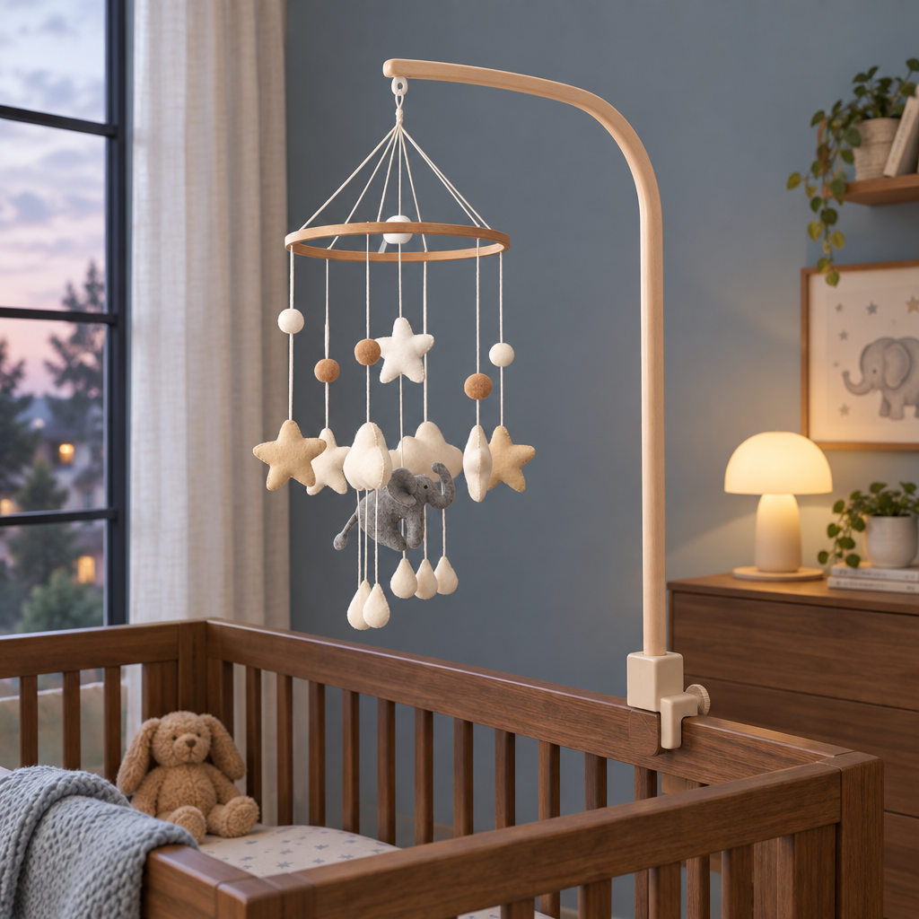 Mobile bébé Éléphant & Étoiles avec son support en bois dans une chambre bleue