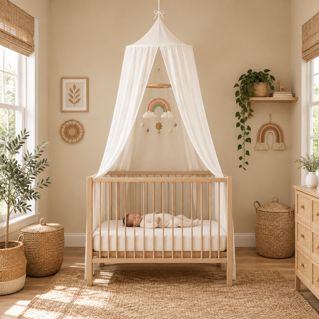 Ciel de lit bébé crème dans une chambre bohème beige avec mobile arc-en-ciel
