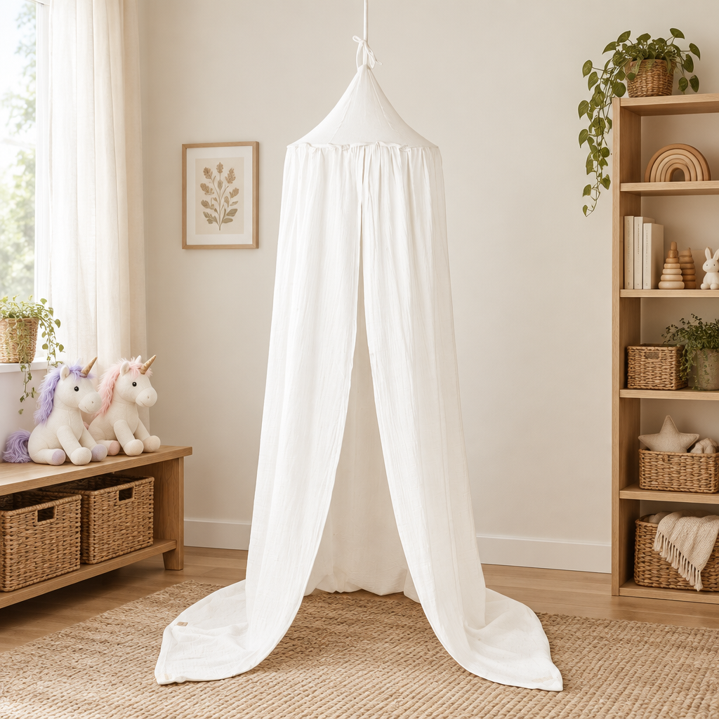 Ciel de lit bébé crème dans une chambre bohème naturelle avec peluches licornes