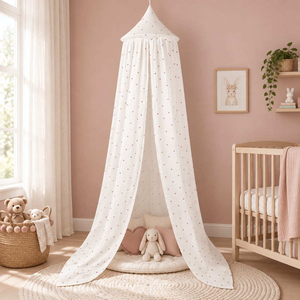 Chambre bébé rose poudré avec ciel de lit Sweet Hearts