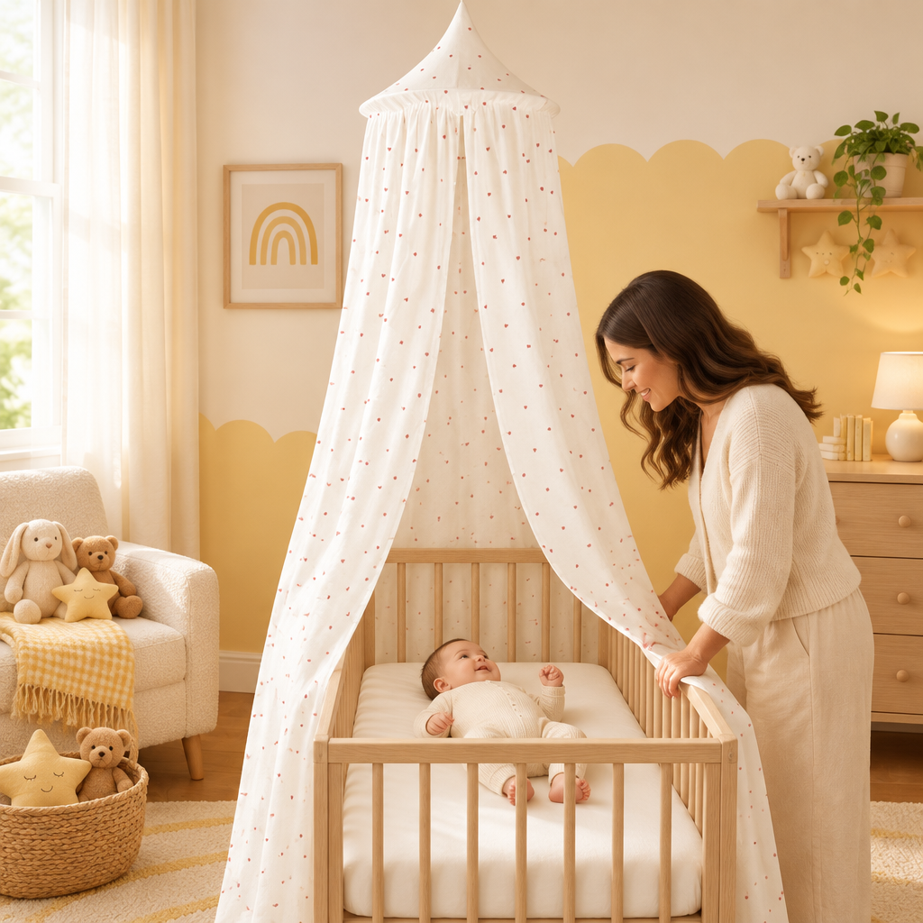 Ciel de lit bébé Sweet Hearts dans une chambre jaune doux avec bébé