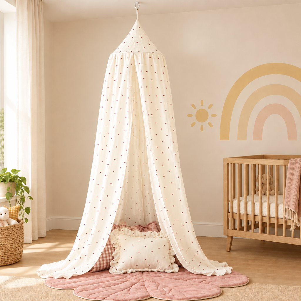 Ciel de lit bébé Sweet Hearts sans volant dans une chambre jaune doux