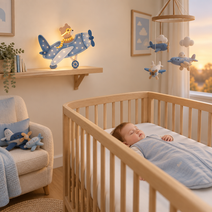 Bébé endormi dans une chambre avec décoration avion