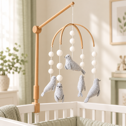 Mobile artisanal Phoques dans une chambre lumineuse avec touches sauge
