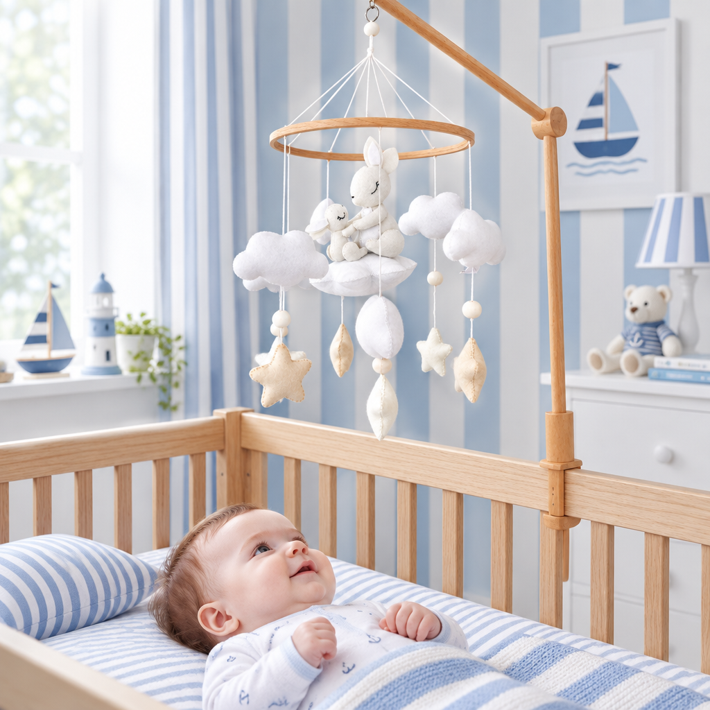 Mobile bébé Maman Lapin & Bébé dans une chambre aux tons naturels et bois
