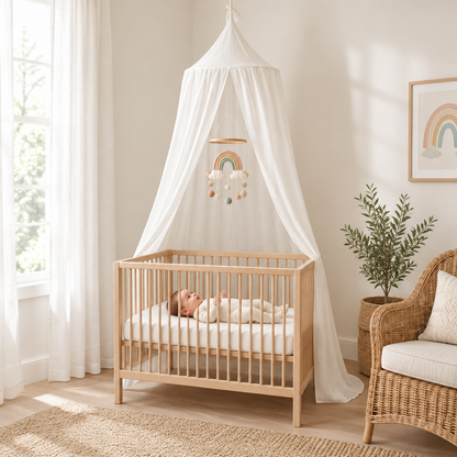 Bébé dans une chambre naturelle avec ciel de lit crème et mobile arc-en-ciel