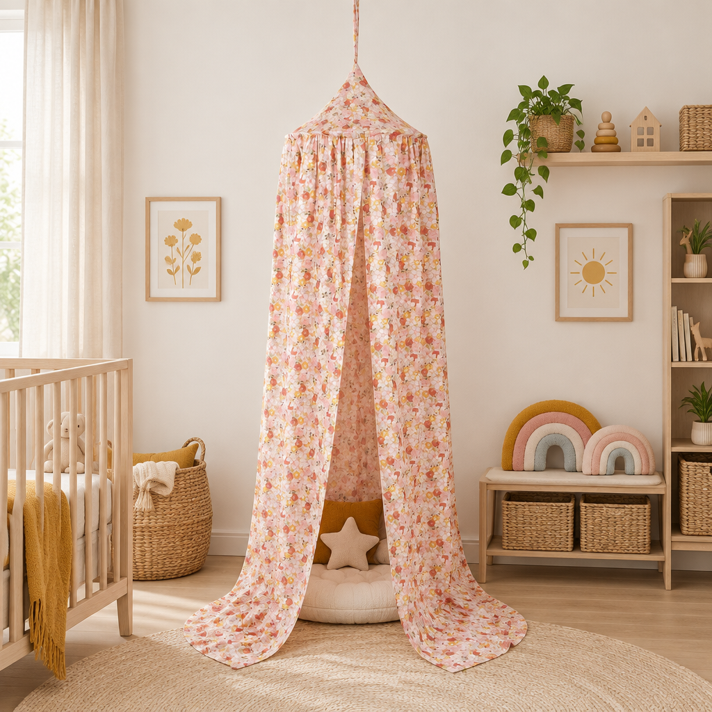 Chambre naturelle avec ciel de lit bébé Jardin fleuri rose et arcs-en-ciel pastel