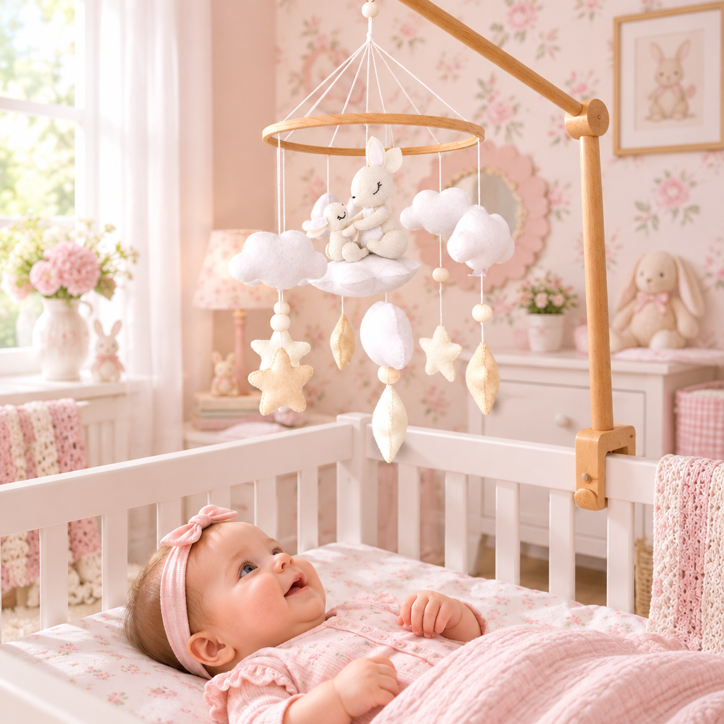 Mobile Maman Lapin & Bébé dans une chambre pastel douce et lumineuse