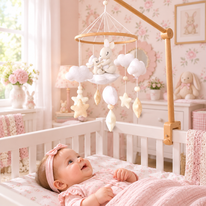 Mobile Maman Lapin & Bébé dans une chambre pastel douce et lumineuse