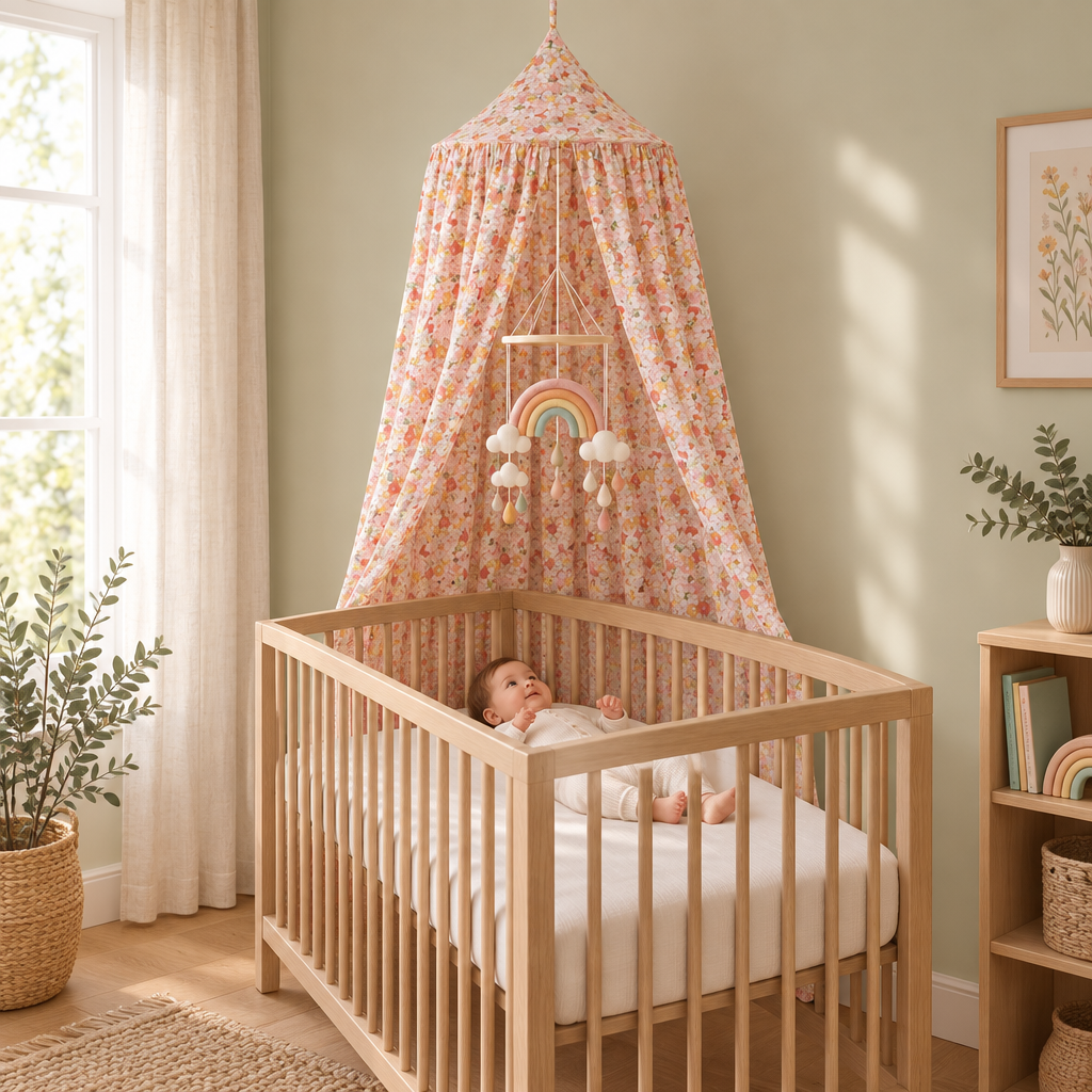 Bébé dans une chambre vert sauge avec ciel de lit Jardin fleuri rose