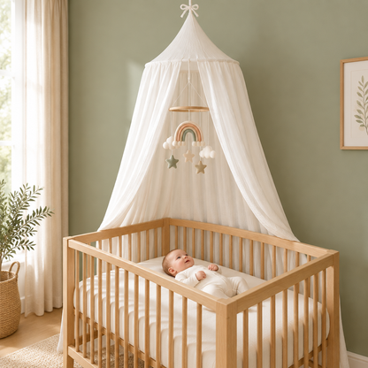 Bébé dans une chambre vert sauge avec ciel de lit crème