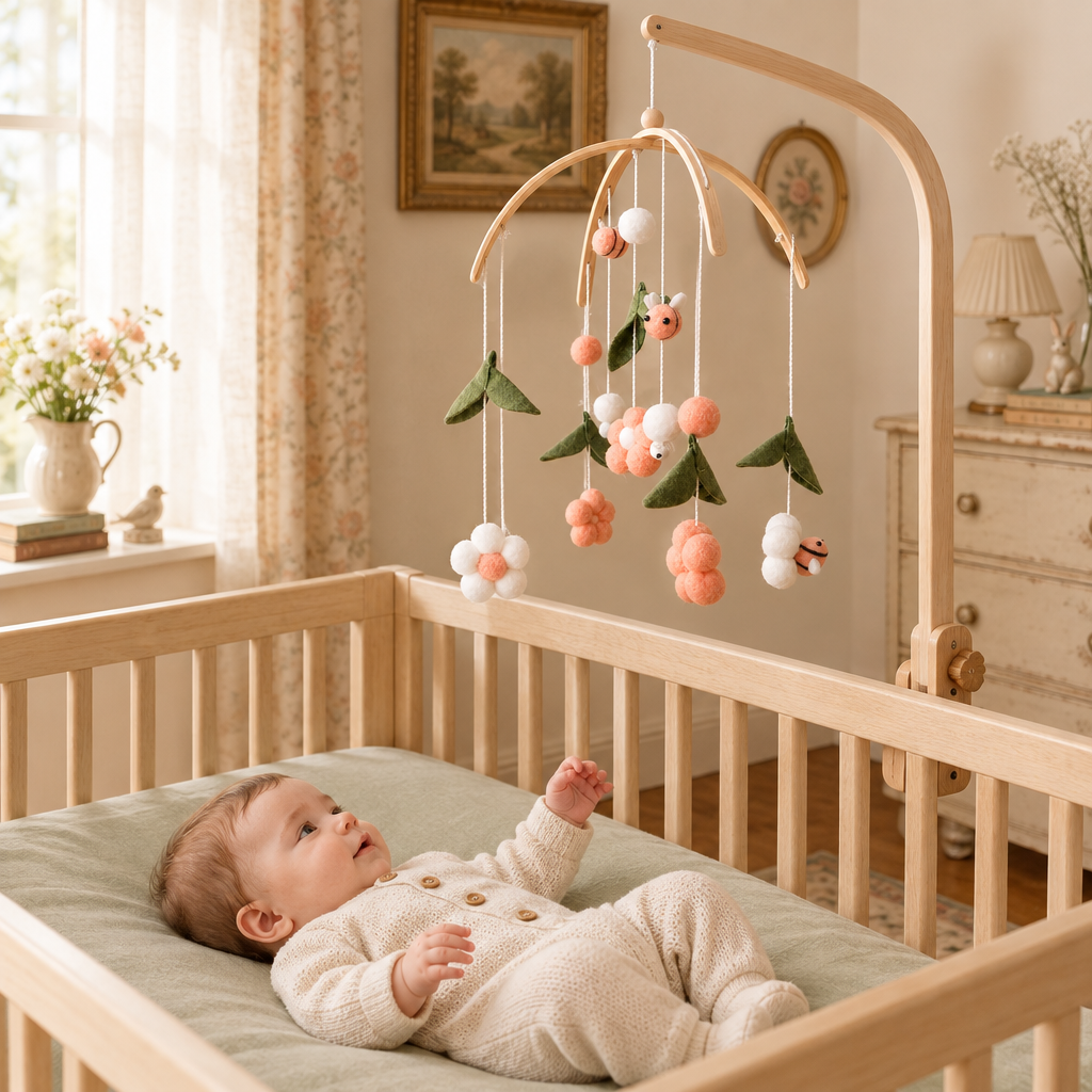 Mobile bébé Abeilles roses dans une chambre bébé claire au style doux