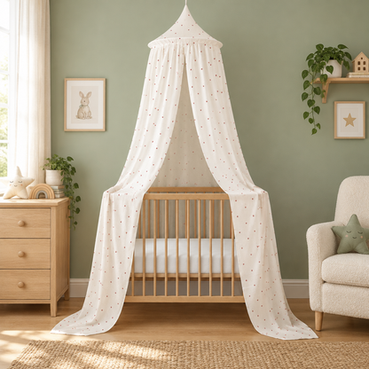 Ciel de lit Sweet Hearts au-dessus d’un lit bébé avec décoration vert sauge