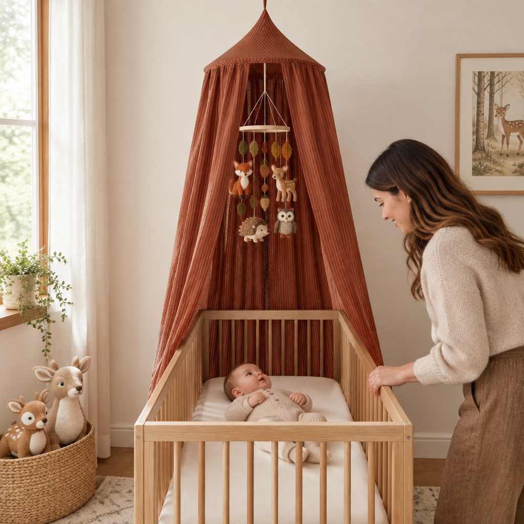 Ciel de lit marron au-dessus du lit bébé avec mobile forêt dans une chambre naturelle