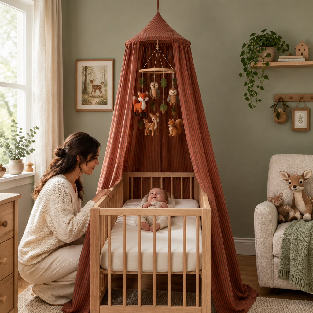 Ciel de lit marron au-dessus du lit bébé avec mobile forêt dans une chambre vert sauge
