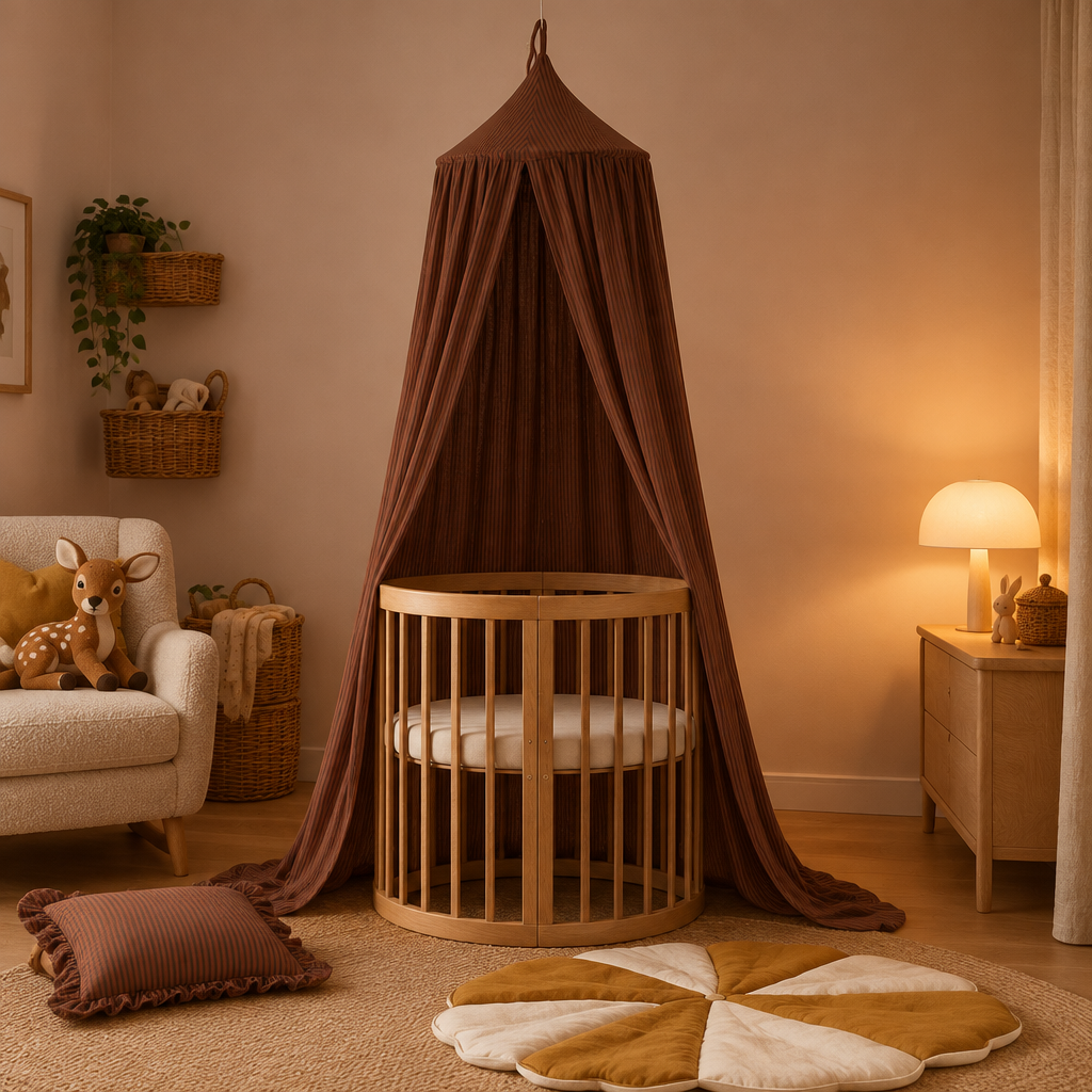 Ciel de lit bébé marron dans une chambre à la lumière douce du soir