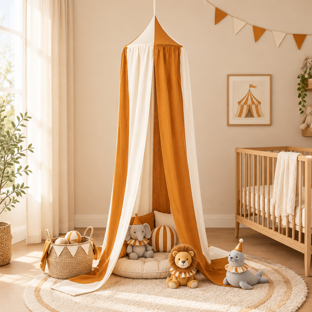 Ciel de lit bébé Caramel Circus avec peluches de cirque dans une chambre beige