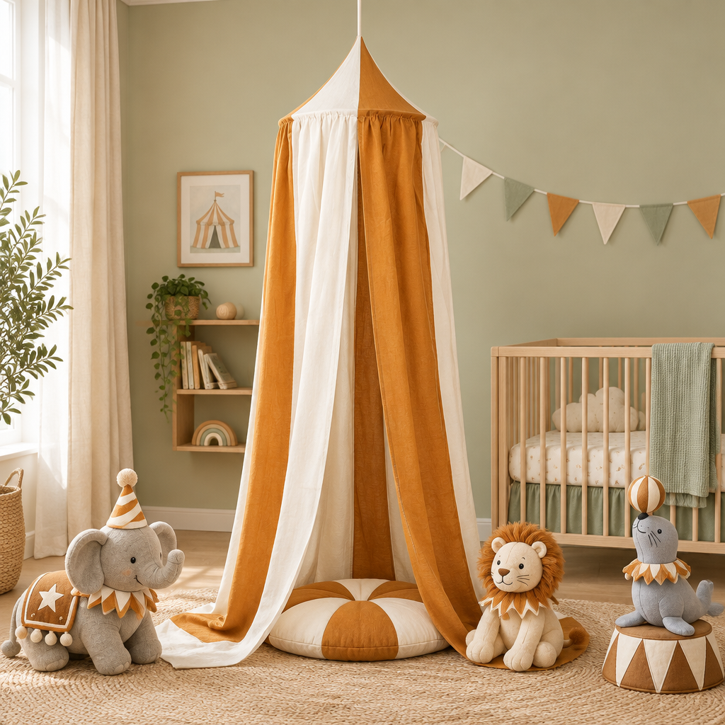 Ciel de lit bébé Caramel Circus avec peluches de cirque dans une chambre vert sauge