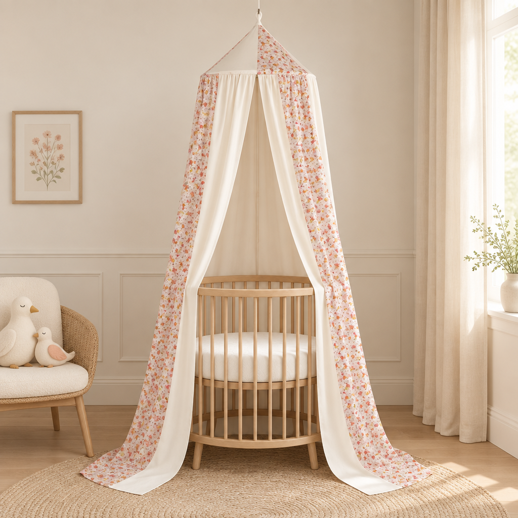 Ciel de lit bébé Jardin printanier au-dessus d’un lit arrondi dans une chambre crème