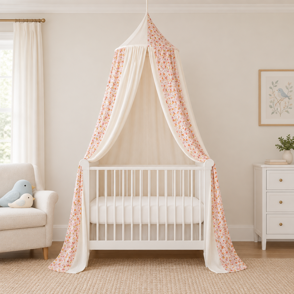 Ciel de lit bébé Jardin printanier au-dessus du lit dans une chambre bleu doux