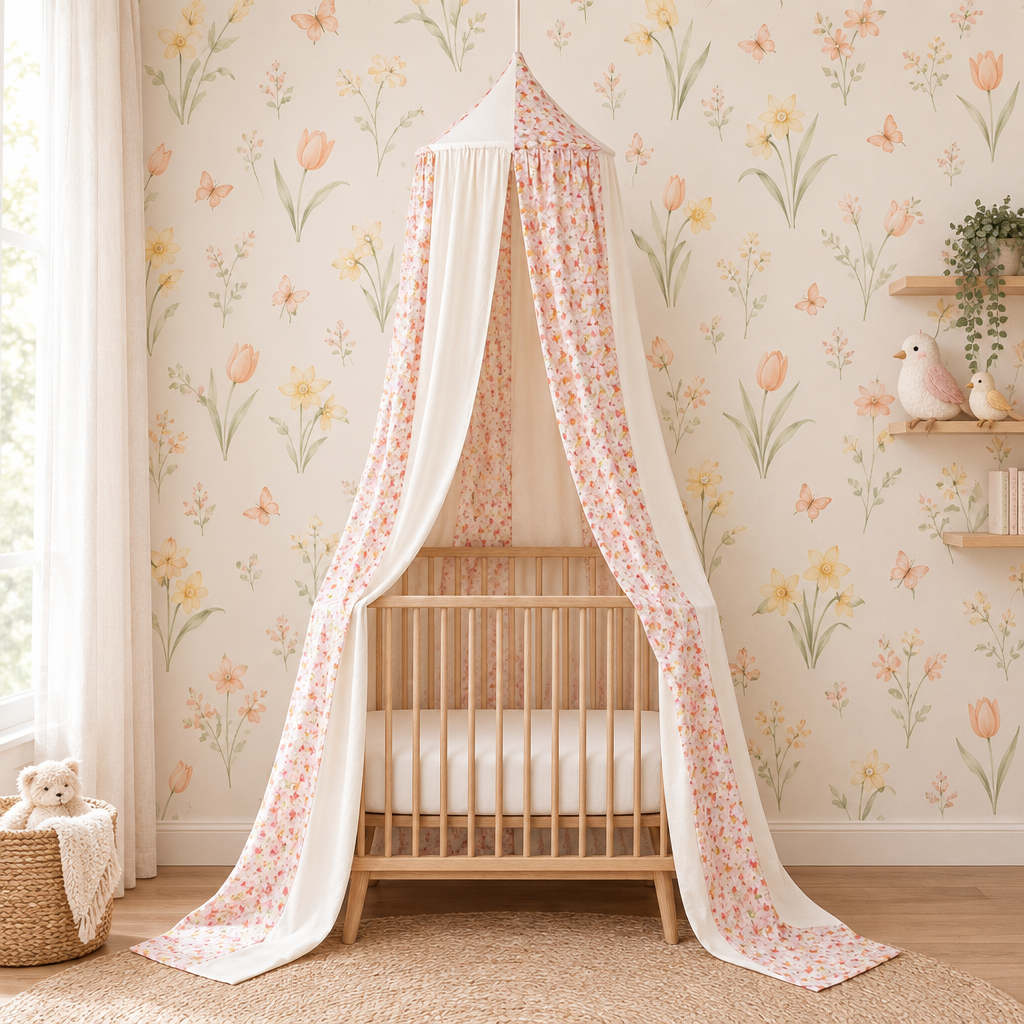 Ciel de lit bébé Jardin printanier dans une chambre avec tulipes et papillons
