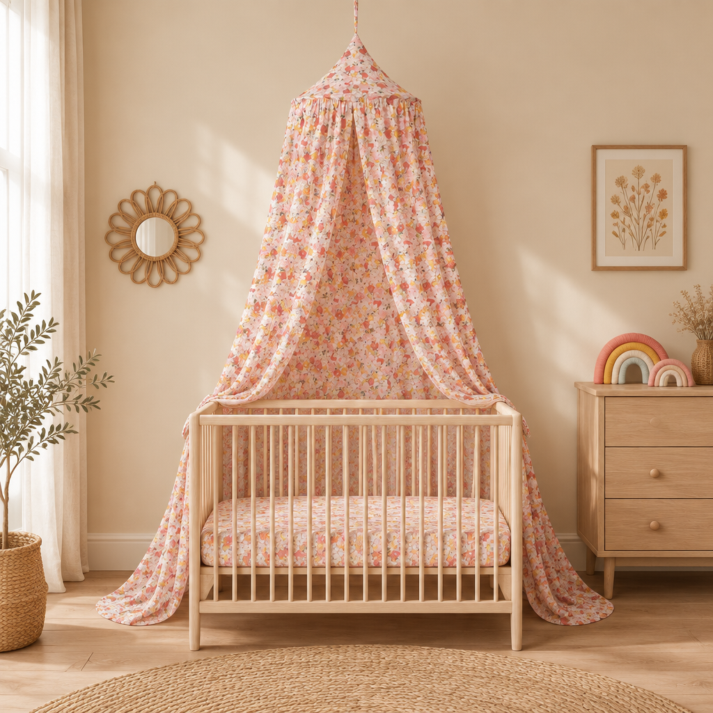 Ciel de lit bébé Jardin fleuri rose au-dessus du lit dans une chambre beige