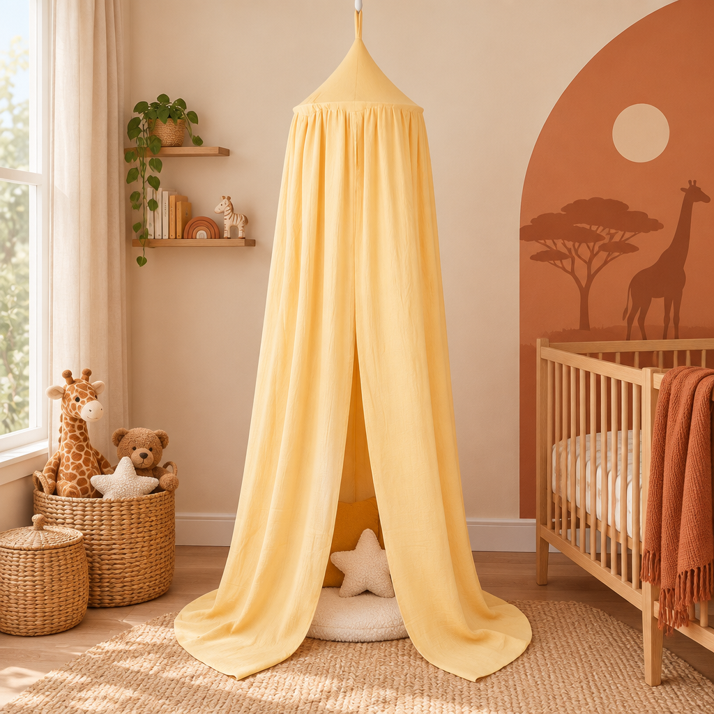 Ciel de lit jaune beurre dans une chambre bébé ambiance safari