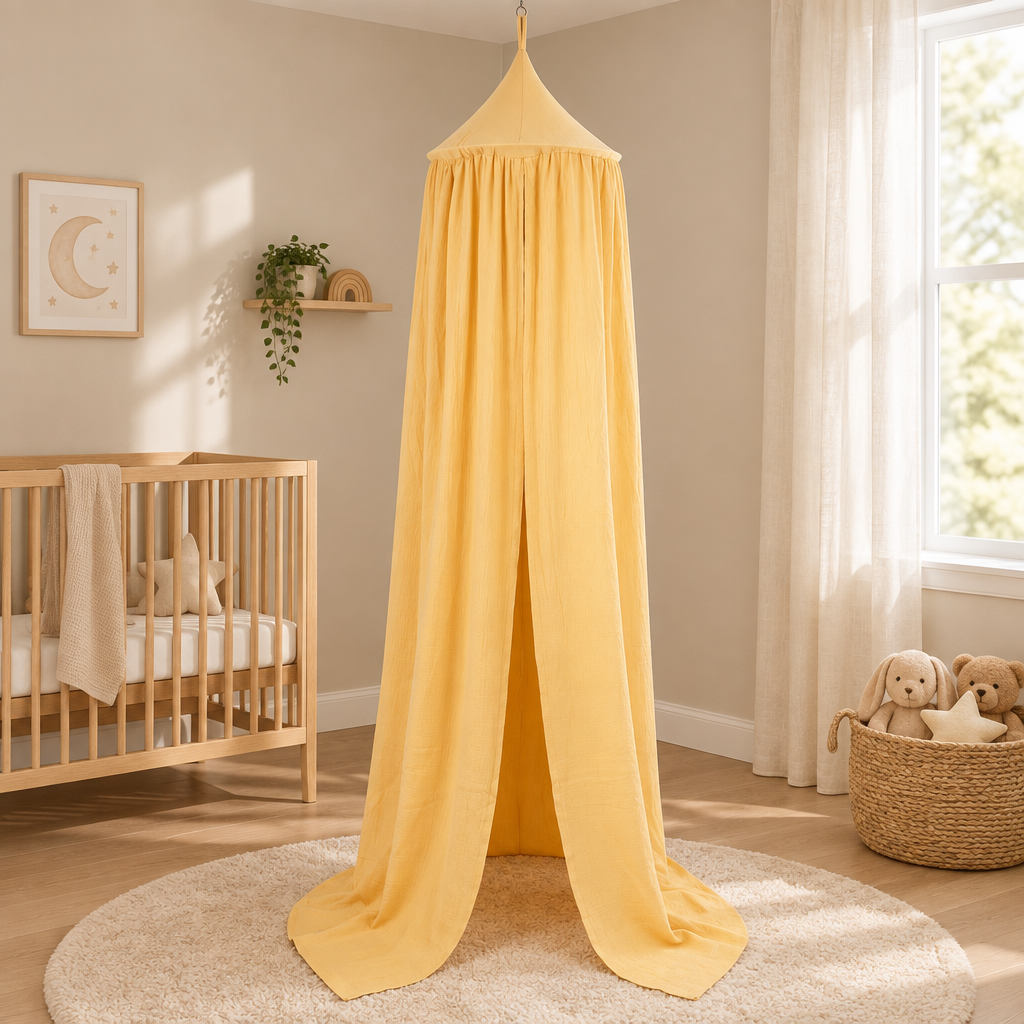 Ciel de lit bébé jaune beurre dans une chambre beige et crème