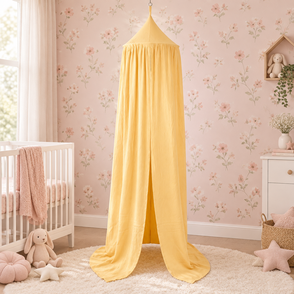 Ciel de lit bébé jaune beurre dans une chambre rose poudré
