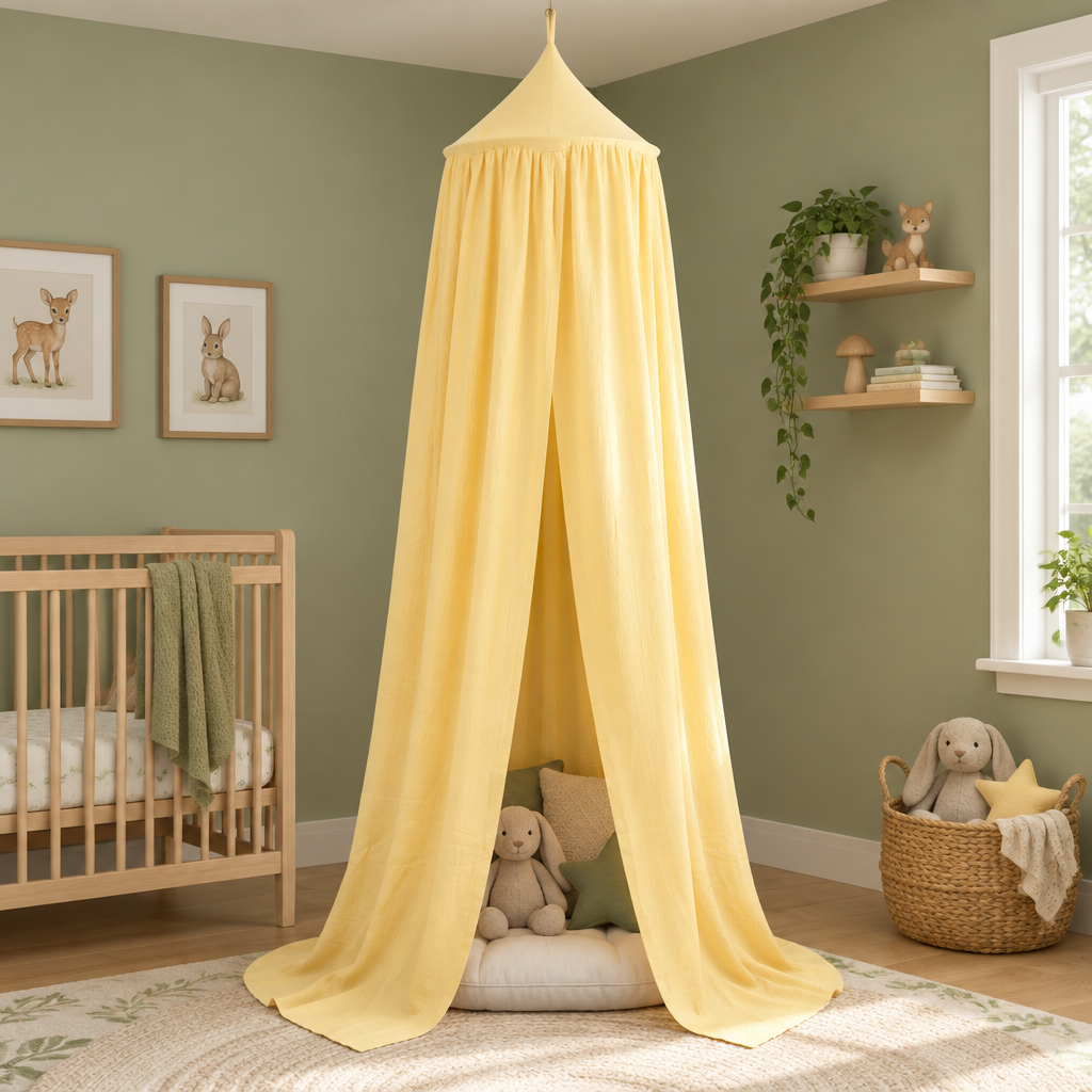 Ciel de lit bébé jaune beurre dans une chambre vert sauge