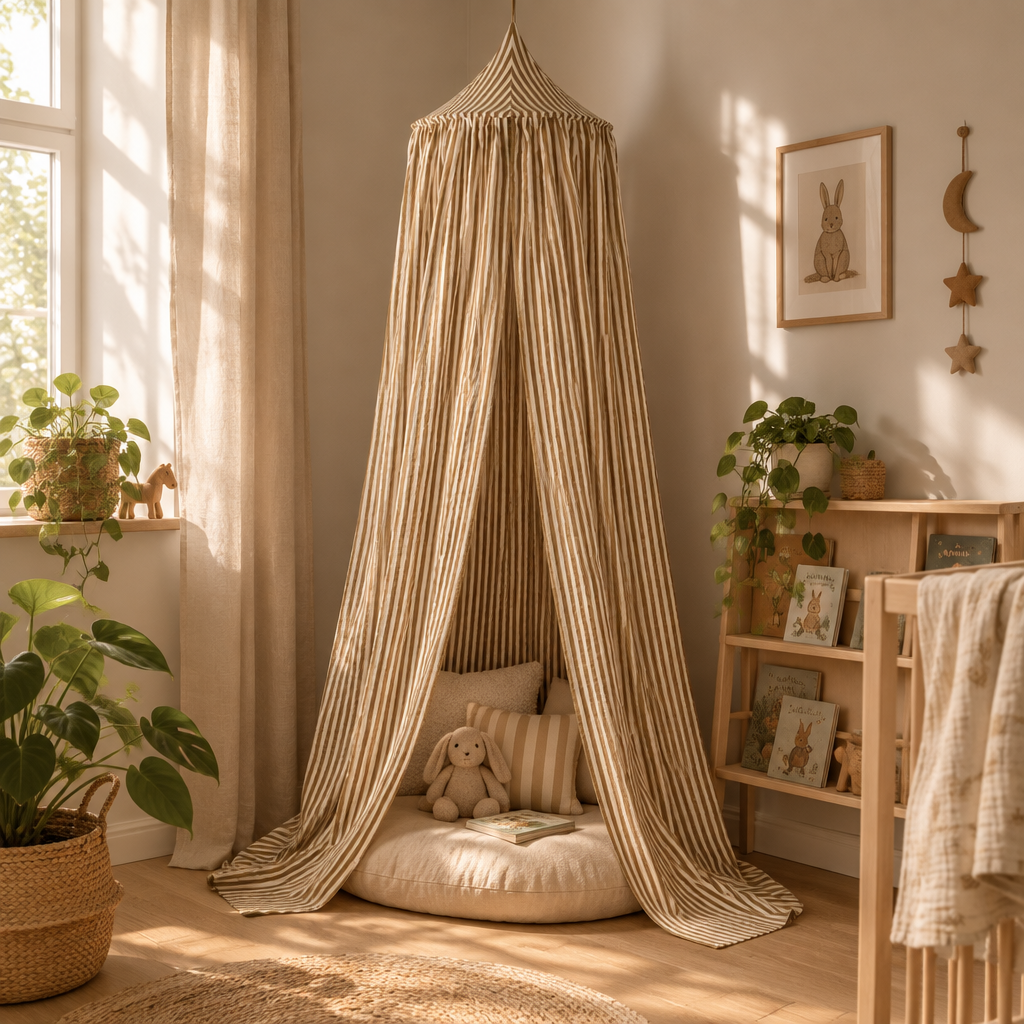 Ciel de lit bébé rayures olive aménagé en coin lecture avec coussin et plantes