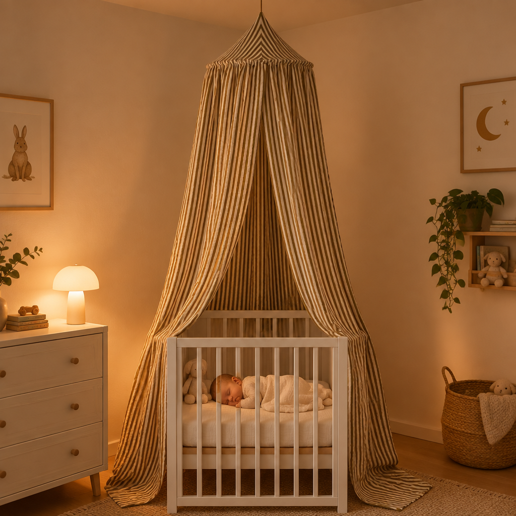 Ciel de lit bébé rayures olive au-dessus d’un lit blanc dans une ambiance du soir