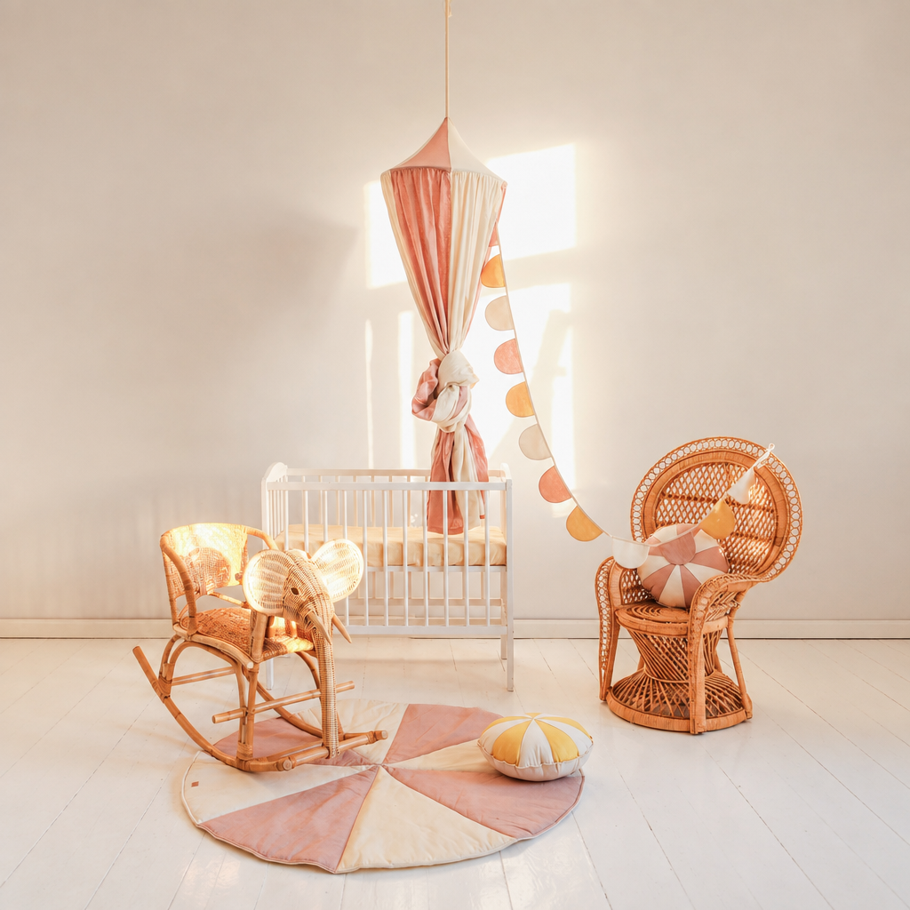 Ciel de lit bébé rose poudré et ivoire avec lit bébé et mobilier en rotin